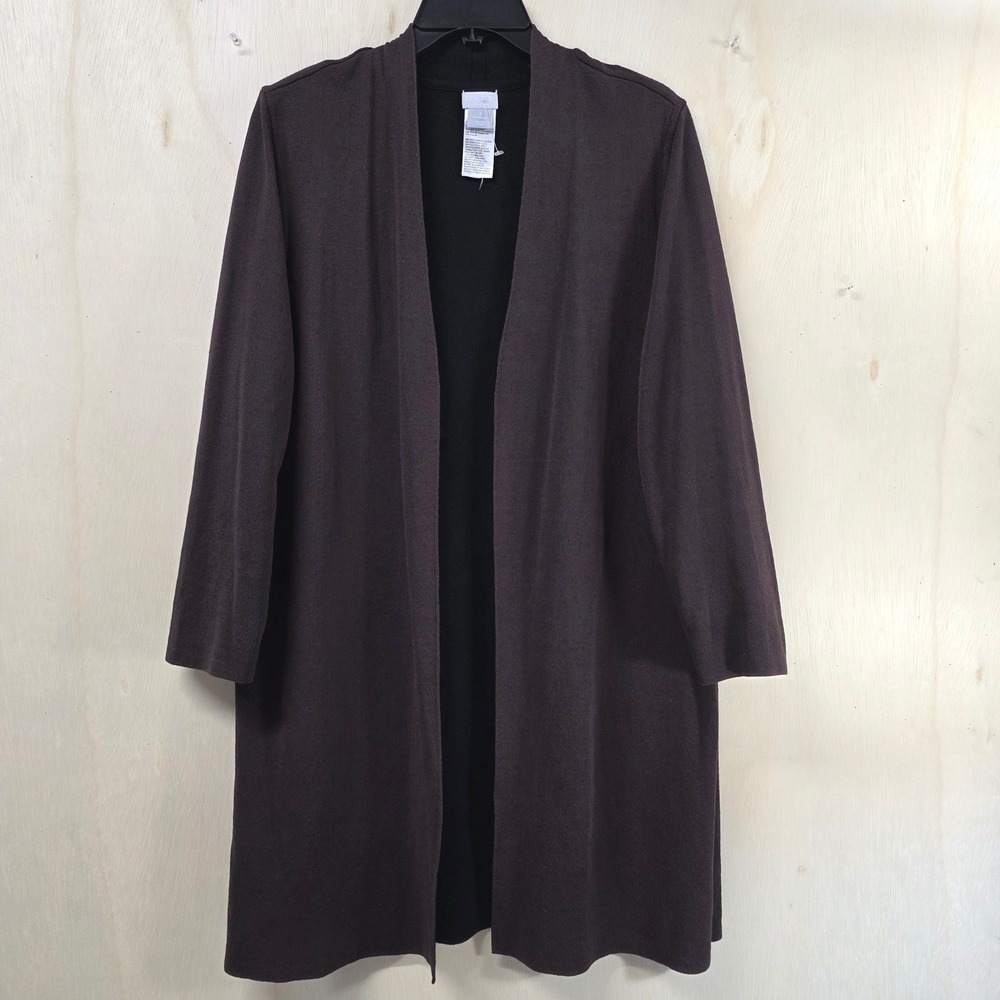 Chico's Travelers Open Front Cardigan Brown Plum Longline Side Slit Size XL